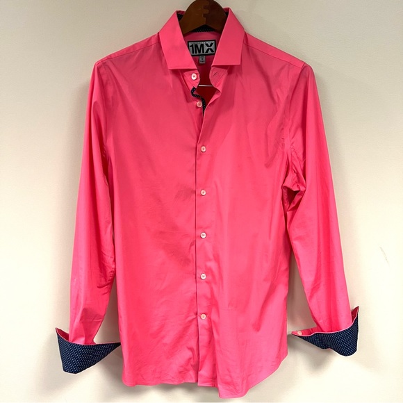 Express Other - Express hot pink button down with navy polka dot fold back cuffs Sz M